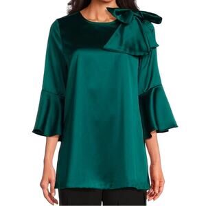IC Collection Satin Ruffled Sleeve Bow A-Line Green Tunic Top Size XS